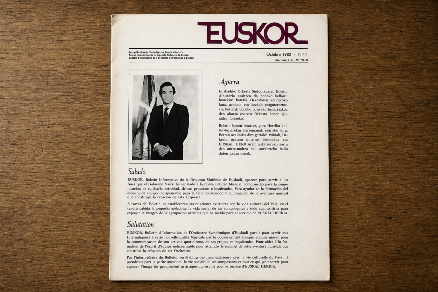 Carlos Garaikoetxea lehendakariaren agurrak eman zion sarrera Euskadiko Orkestraren albiste-buletinaren, Euskor-en, lehenengo aleari.